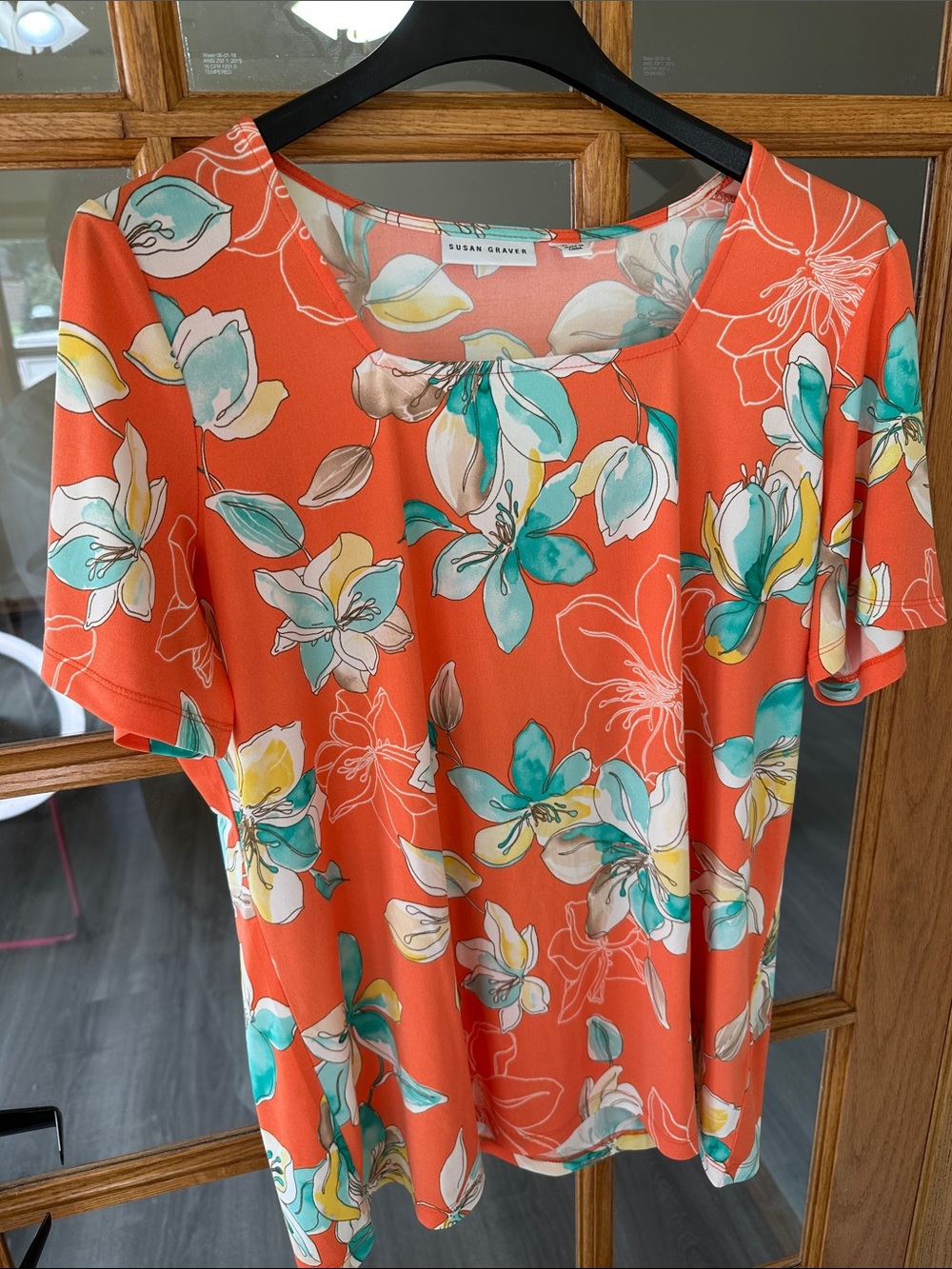 Susan Graver Orange Floral Short-Sleeve Scoop Neck Top